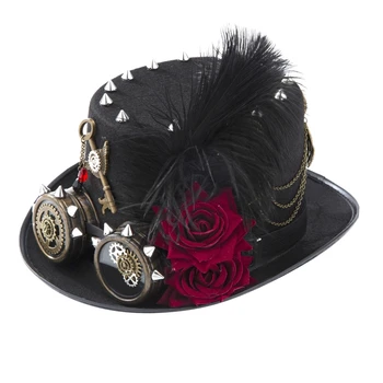 Викторианская черная шляпа в стиле стимпанк с защитными очками и розовой цепочкой, цилиндр для выпускного вечера