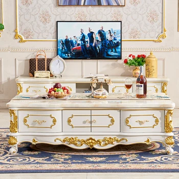 Отделанный мрамором в европейском стиле, полностью из массива дерева, резной шкаф для телевизора в гостиной, сочетание золота и серебра, чайный столик