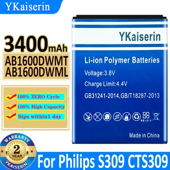 3400 мАч YKaiserin Аккумулятор AB1600DWMT AB1600DWML Сменный Аккумулятор Для Philips XENIUM S309 CTS309 Новый Bateria + Трек-код